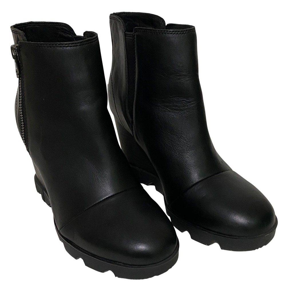 Sorel Joan Uptown Zip Ankle Bootie Womens 8.5 Black Leather Wedge Urban Chic